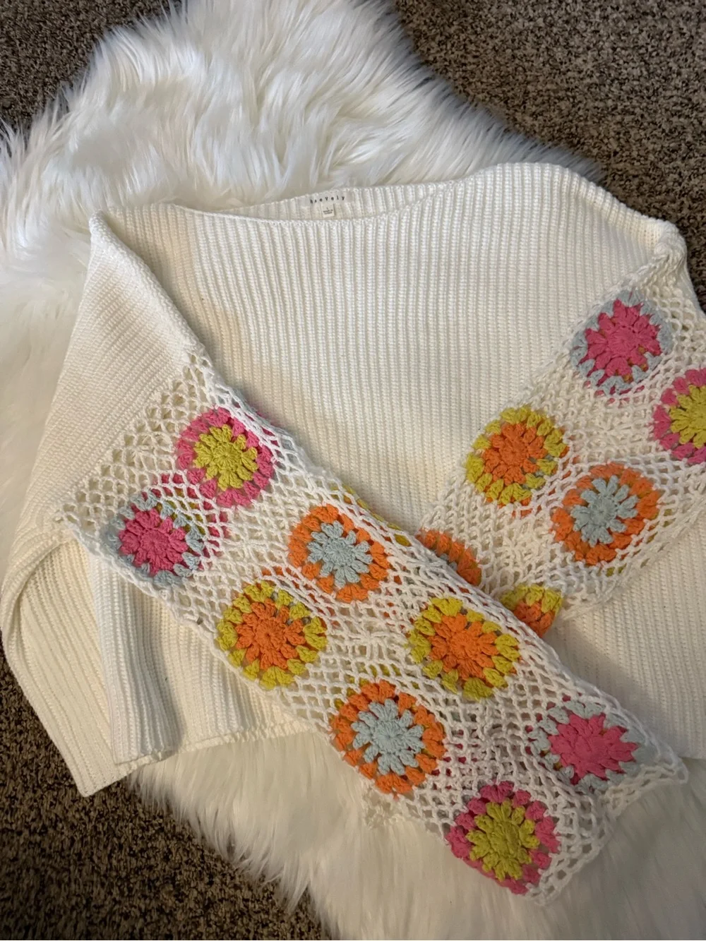 Baevely Crochet Flower Knit Panel Sleeve sweater
